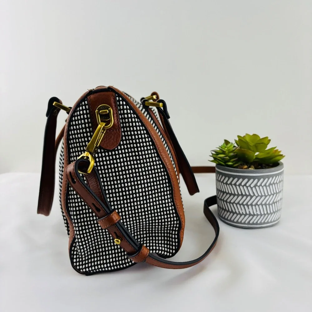 Fossil Kendall Satchel Tote Crossbody Shoulder Bag Jute Leather Black White Tan